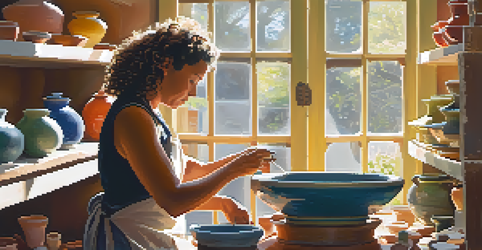 A contemporary ceramic artist shaping a colorful bowl on a potter's wheel in a sunlit studio filled with pottery.