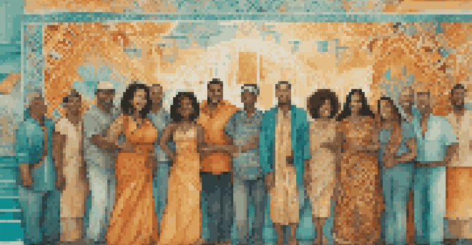 A colorful street mural featuring diverse individuals standing together, showcasing unity and cultural representation.