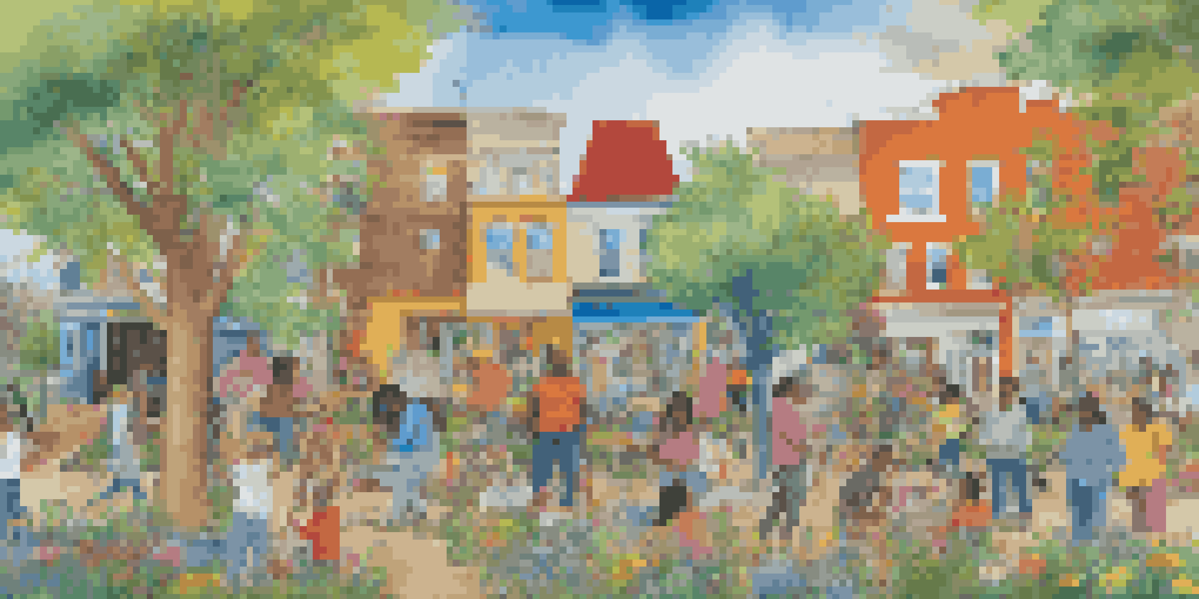 A colorful mural featuring diverse people working together on an art project, surrounded by nature.