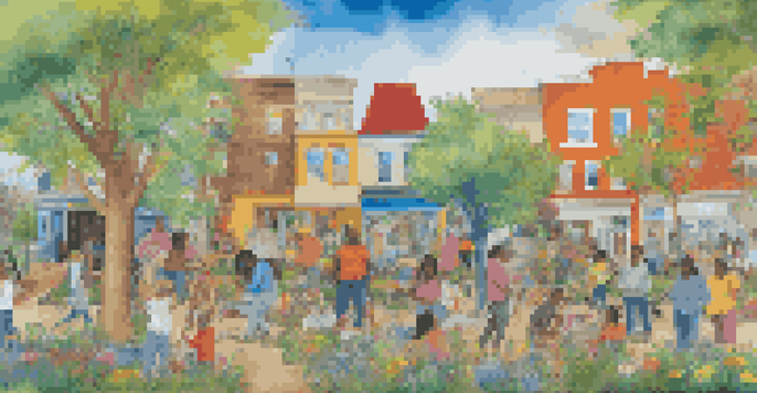 A colorful mural featuring diverse people working together on an art project, surrounded by nature.