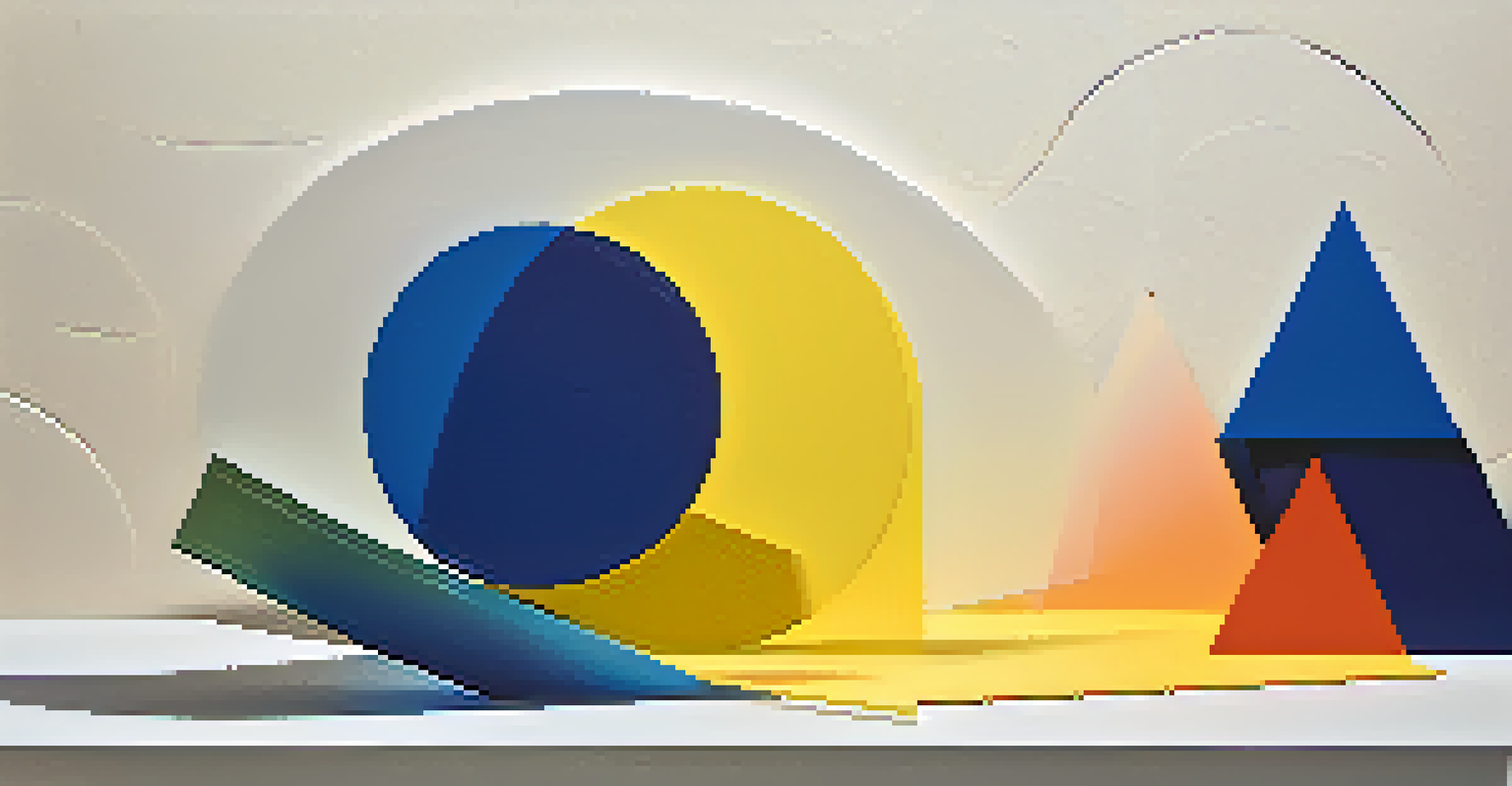 An abstract arrangement of colorful geometric shapes including circles and triangles, set against a gradient background of blue to yellow.