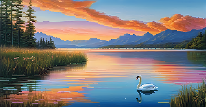 A peaceful lake scene at sunset with mountains and a swan gliding on the water.