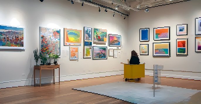 An art exhibition showcasing mental health-themed artworks, with visitors interacting and writing on a communal wall under warm lighting.