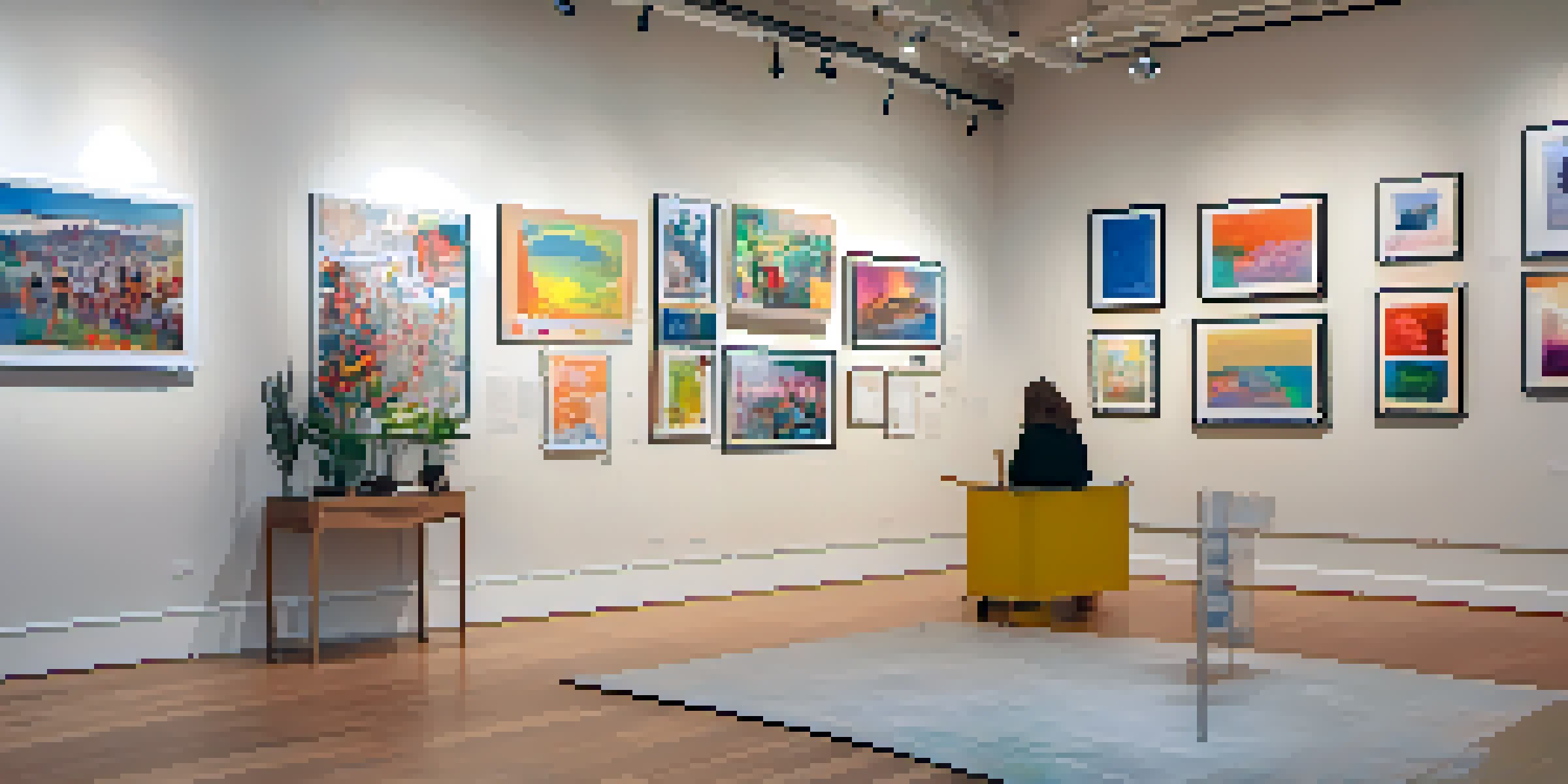 An art exhibition showcasing mental health-themed artworks, with visitors interacting and writing on a communal wall under warm lighting.