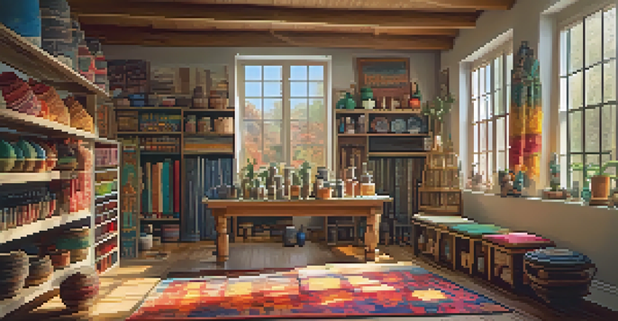 An art studio filled with cultural artifacts and a collaborative painting that blends elements from various cultures, illuminated by warm sunlight.