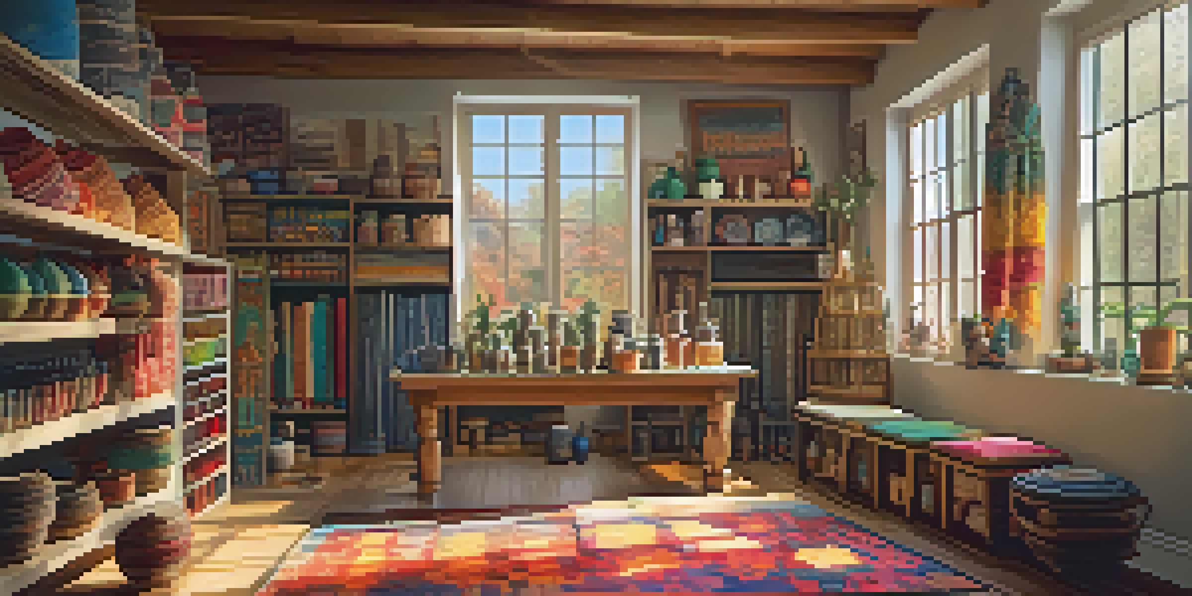 An art studio filled with cultural artifacts and a collaborative painting that blends elements from various cultures, illuminated by warm sunlight.