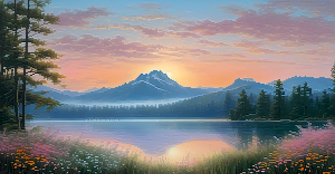 A peaceful morning landscape featuring a calm lake and misty mountains under a pastel sky.