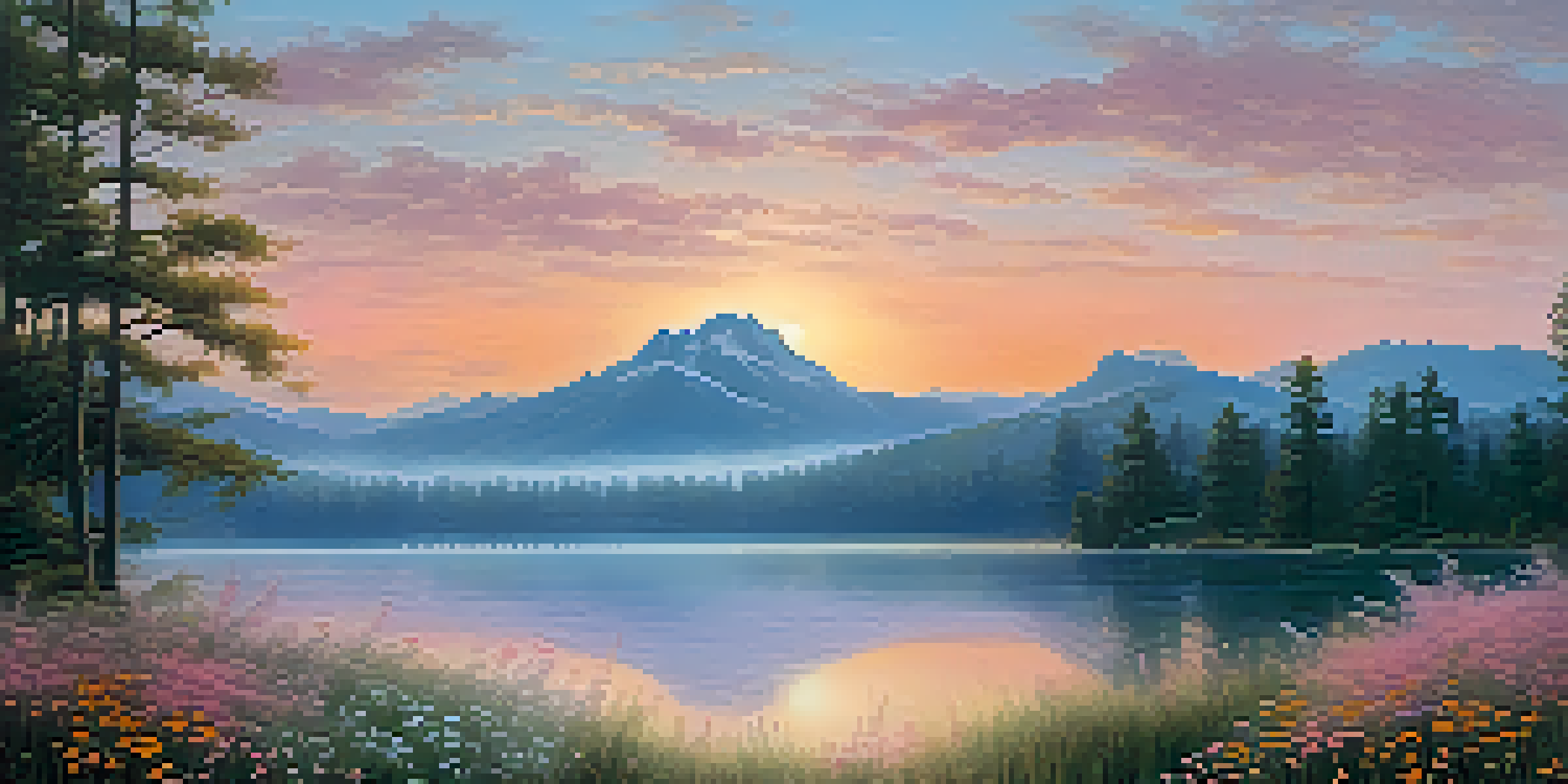 A peaceful morning landscape featuring a calm lake and misty mountains under a pastel sky.