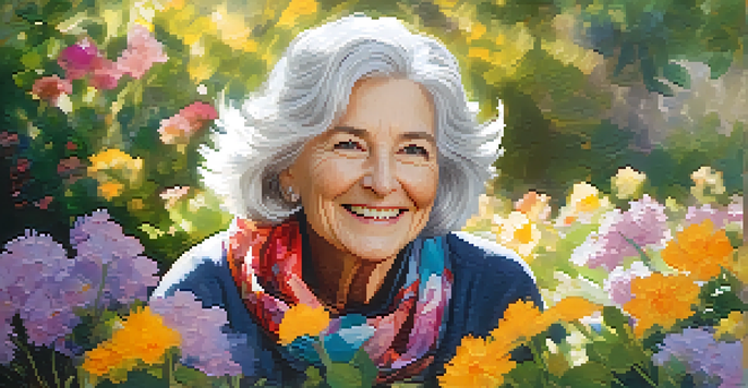 A smiling older woman with silver hair in a vibrant scarf, sitting in a sunlit garden with colorful flowers.