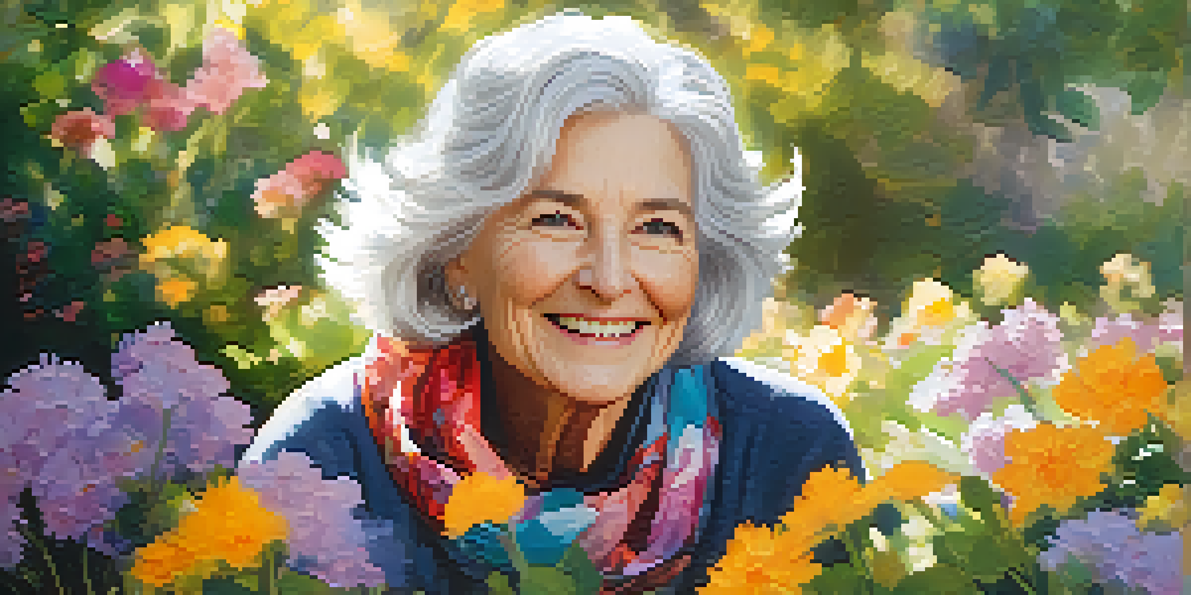 A smiling older woman with silver hair in a vibrant scarf, sitting in a sunlit garden with colorful flowers.