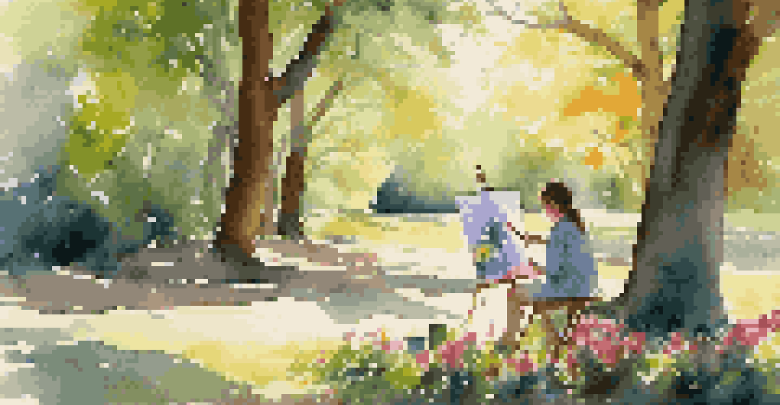 A young artist painting in a park surrounded by colorful flowers and trees.