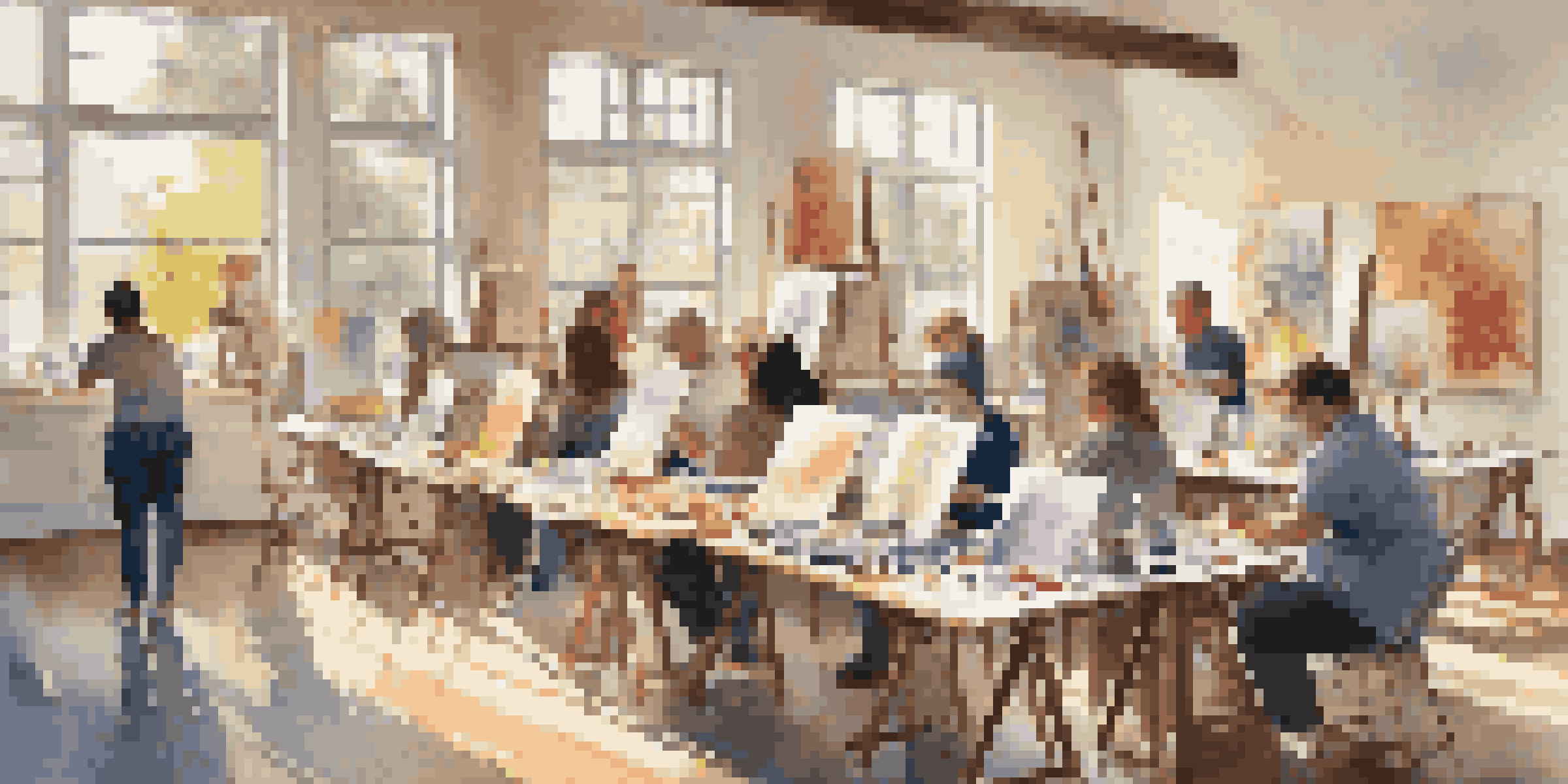 A diverse group of individuals in a bright art workshop, painting on canvases with smiles and shared experiences.
