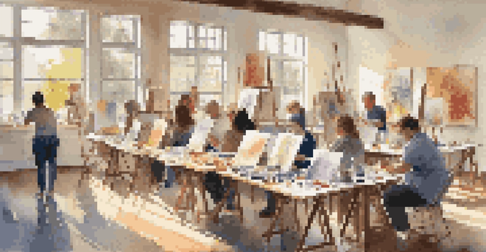 A diverse group of individuals in a bright art workshop, painting on canvases with smiles and shared experiences.