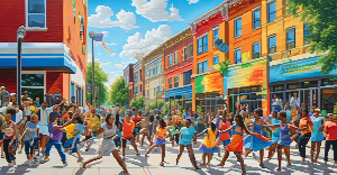 A colorful mural in an urban park shows people participating in artistic activities like dancing and painting, promoting community and mental wellness.