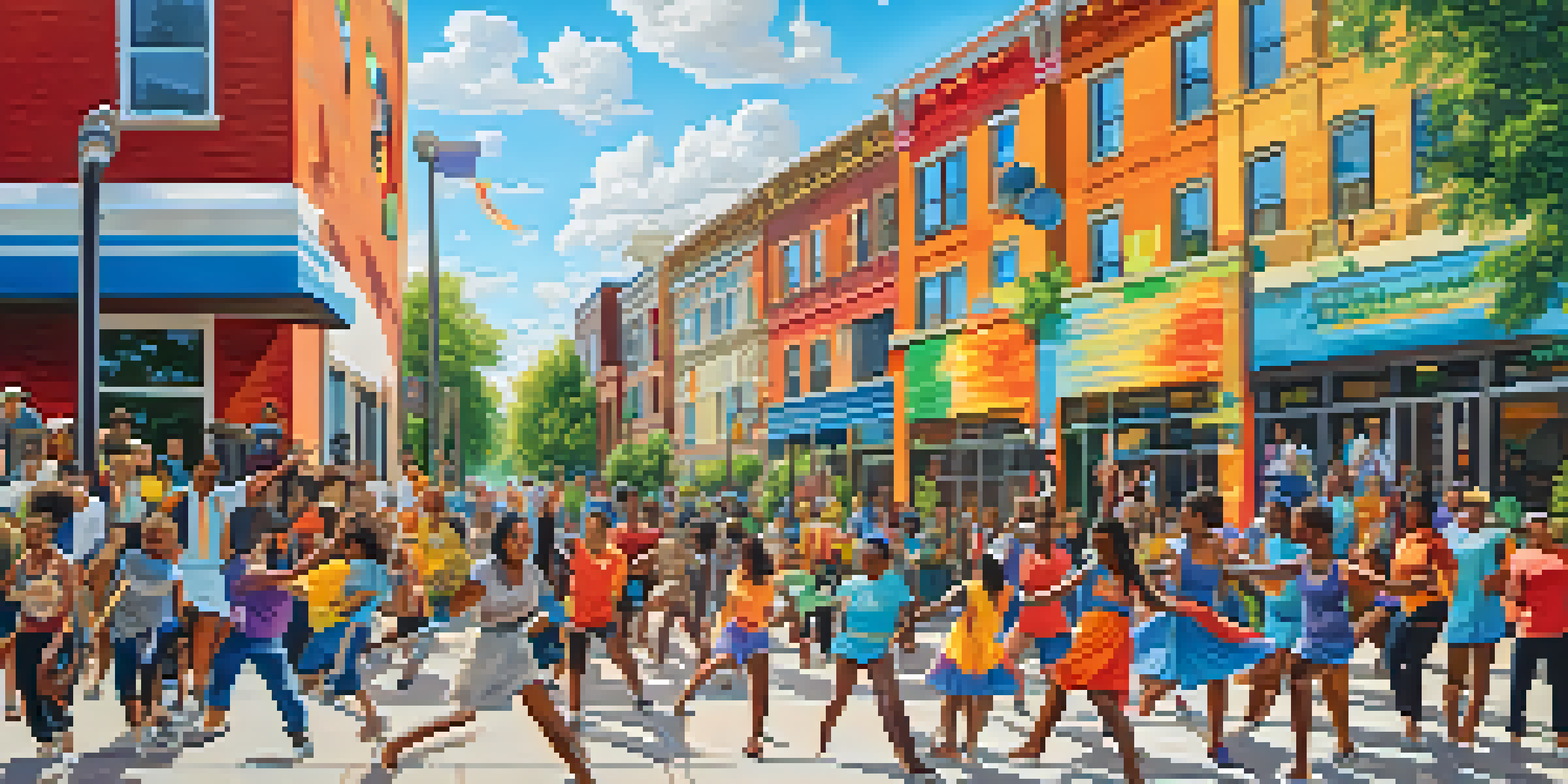 A colorful mural in an urban park shows people participating in artistic activities like dancing and painting, promoting community and mental wellness.