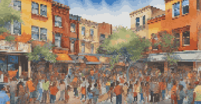 A colorful mural being painted by diverse community members, showcasing local culture and history.