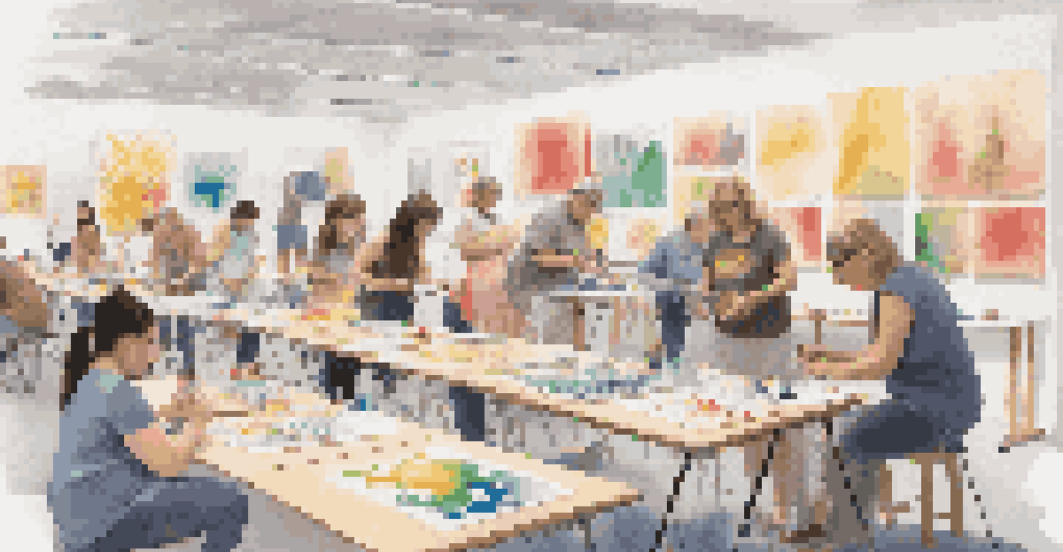 An inclusive art workshop featuring diverse participants of different ages and abilities creating colorful art projects together under bright lighting.
