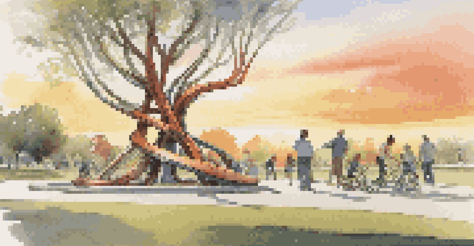 An interactive metal and glass sculpture resembling a tree, with children playing around and families picnicking in the park.