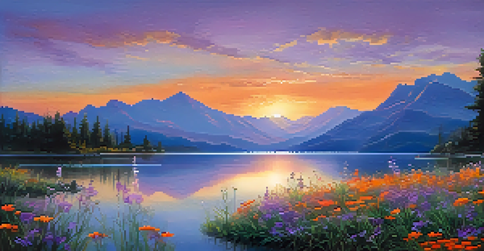 A peaceful lake bordered by towering mountains during sunset, with colorful reflections in the water and wildflowers in the foreground.