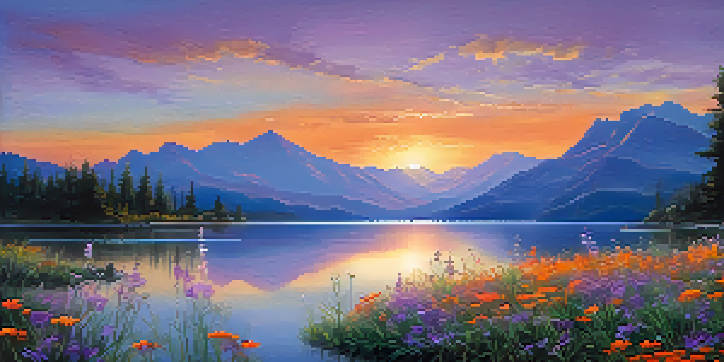 A peaceful lake bordered by towering mountains during sunset, with colorful reflections in the water and wildflowers in the foreground.