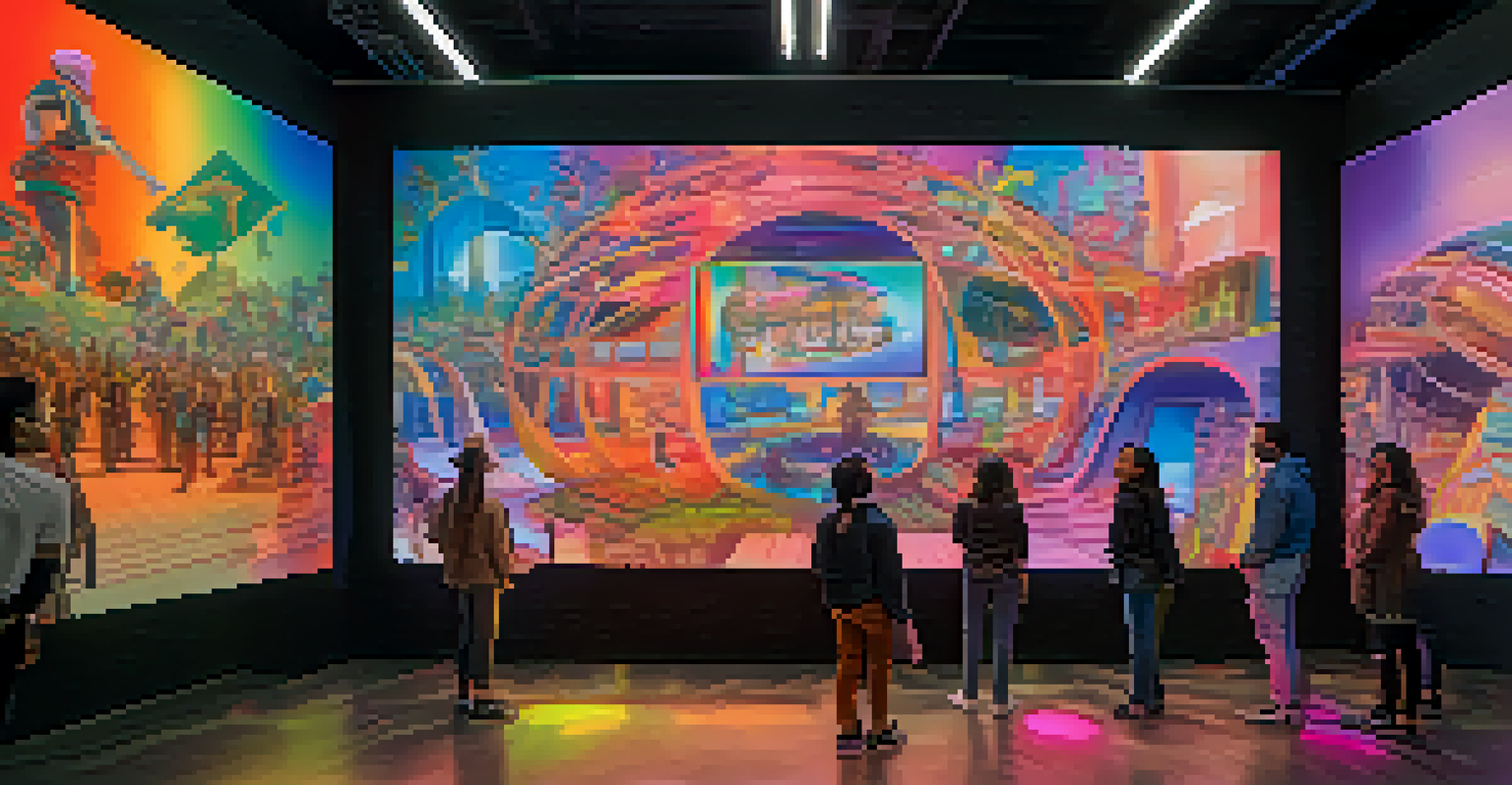 A digital art installation featuring visitors interacting with a 3D representation of historical protest moments, set in a vibrant and futuristic environment.