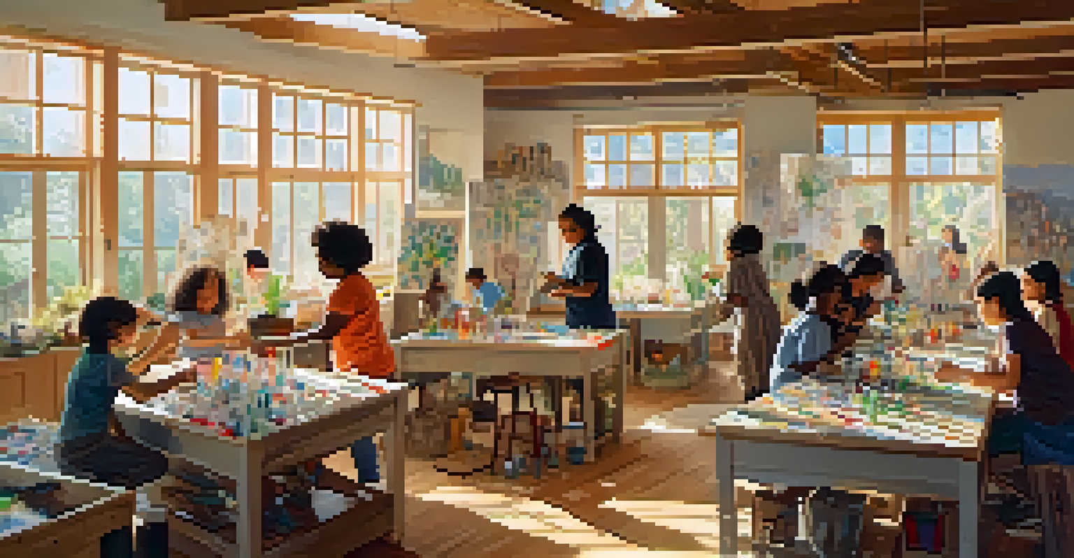 A diverse group of people participating in an art workshop, creating art from recycled materials in a bright and sunny room.