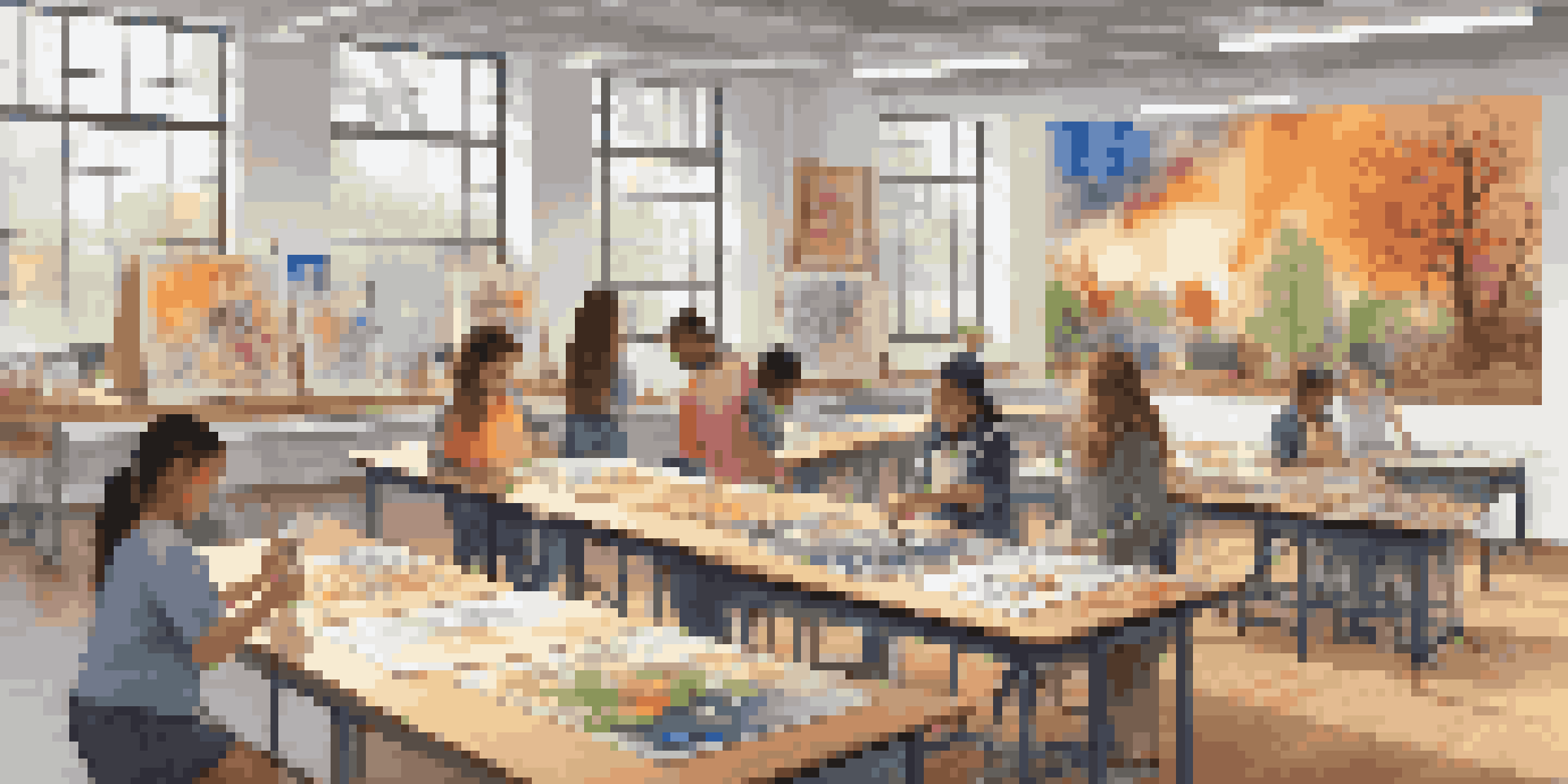 A lively art classroom with diverse students engaged in different artistic activities, surrounded by colorful artwork and natural light.