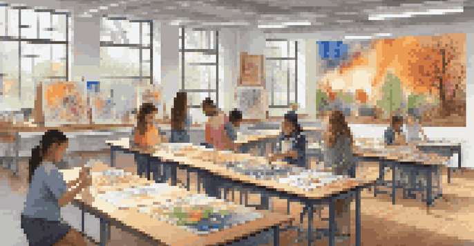 A lively art classroom with diverse students engaged in different artistic activities, surrounded by colorful artwork and natural light.