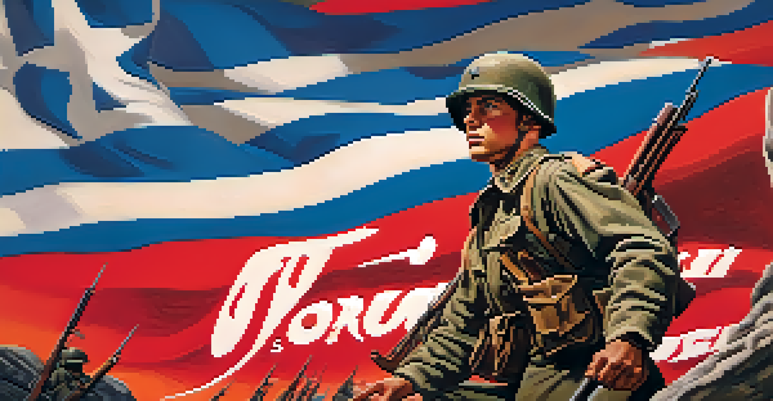 A WWII propaganda poster showing a heroic soldier against a dramatic landscape, with bold colors and text promoting unity.