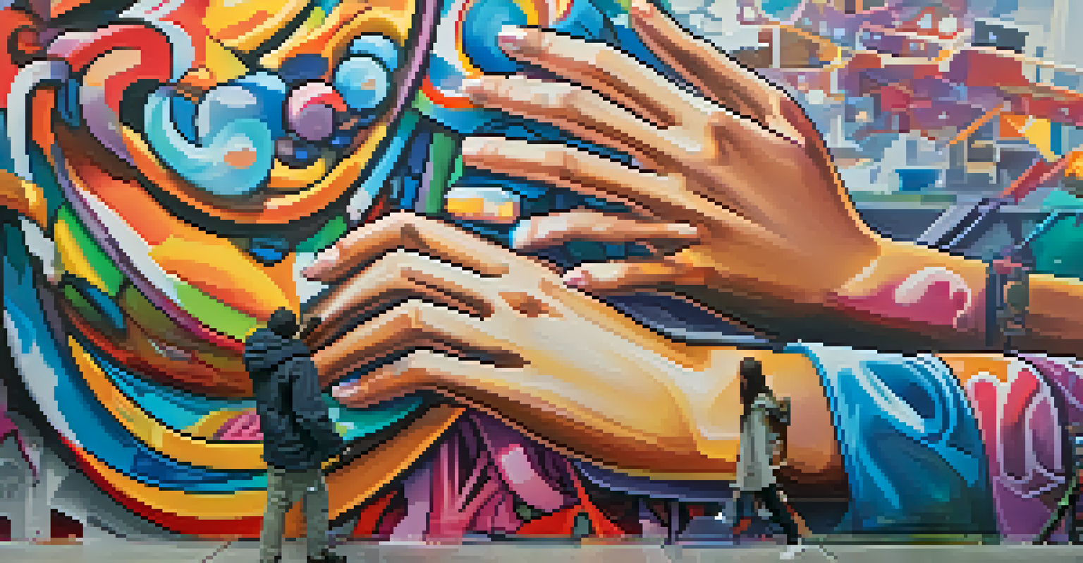 A close-up of a young artist's hands spray painting a colorful mural on a city wall, with a lively urban scene in the background.