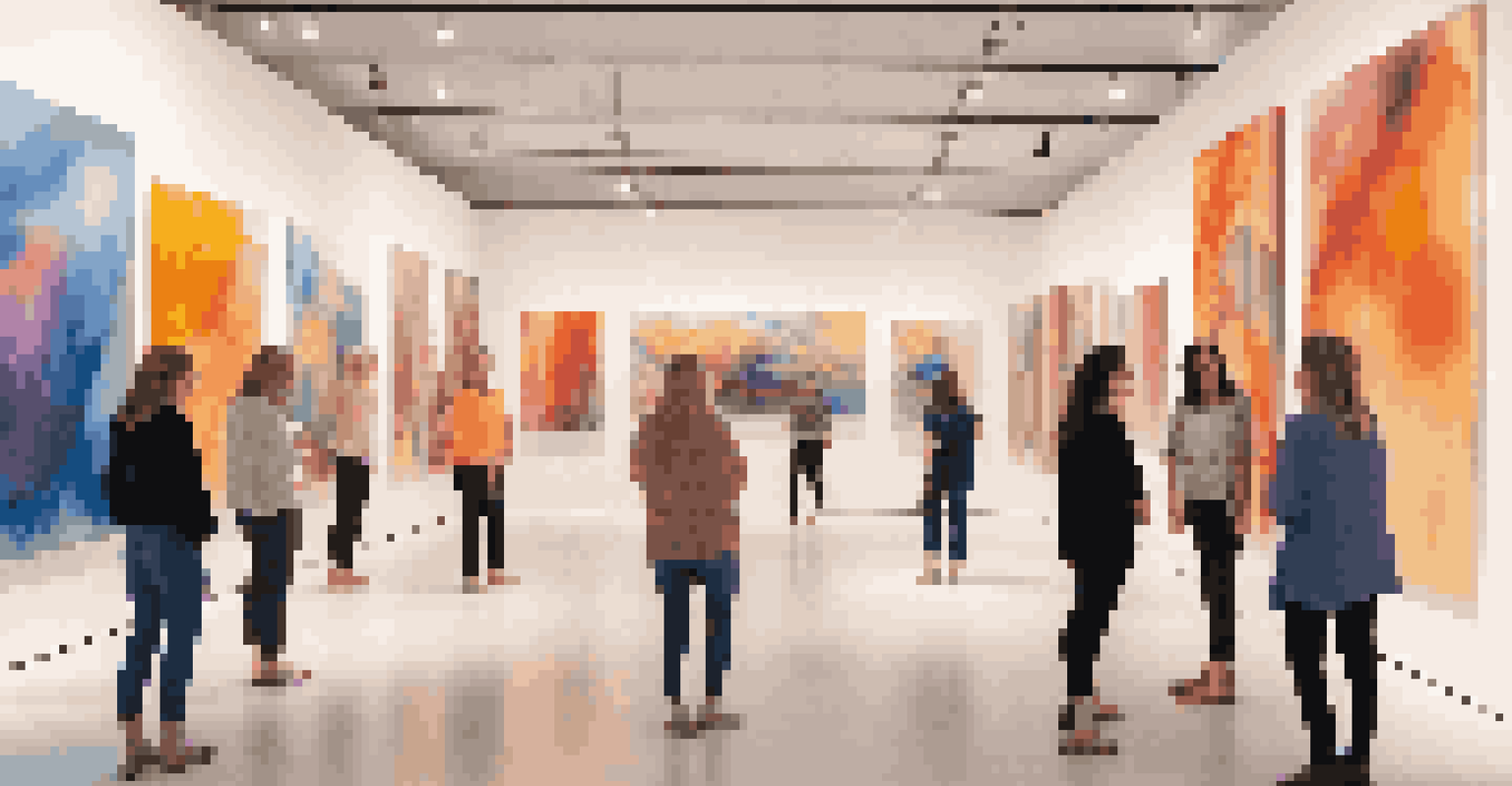 An art gallery filled with abstract paintings, illuminated by soft lighting, with visitors immersed in the experience.