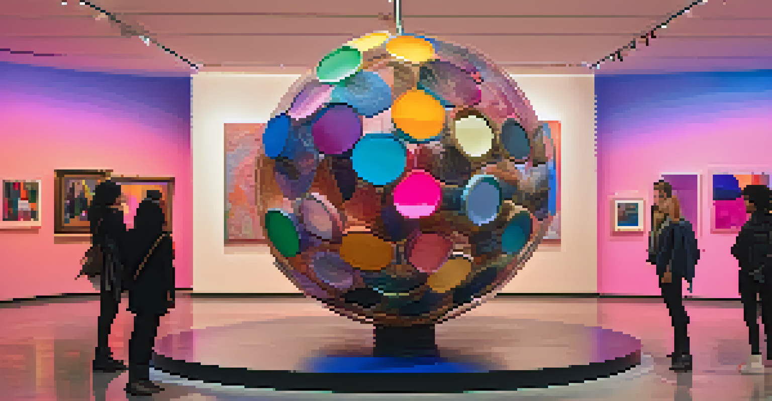 An abstract sculpture representing gender fluidity, surrounded by diverse individuals in a contemporary art setting with changing colored lights.