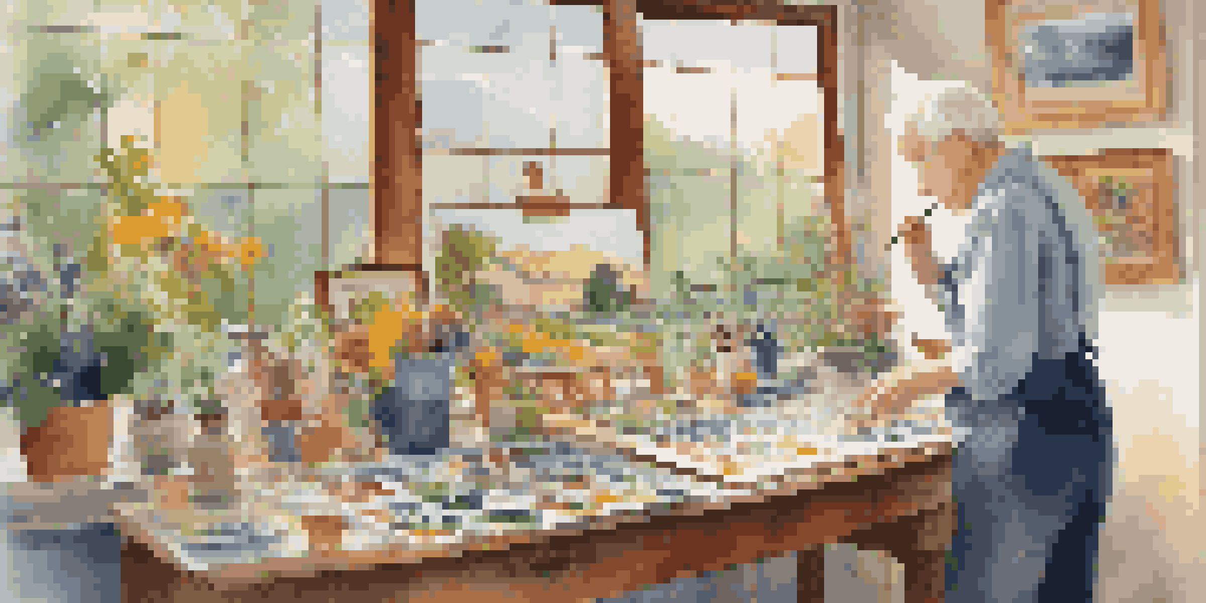 An older adult painting a colorful landscape in a bright art studio, surrounded by various artworks and a view of a garden outside.