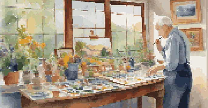 An older adult painting a colorful landscape in a bright art studio, surrounded by various artworks and a view of a garden outside.