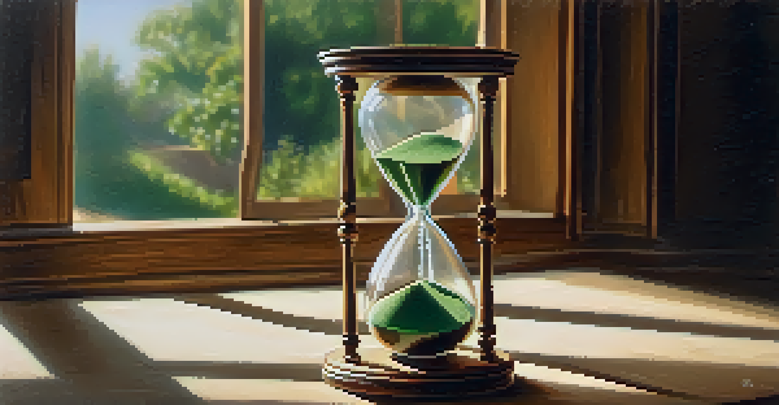 A realistic image of a vintage hourglass with sand flowing, sunlight creating shadows on a wooden table.