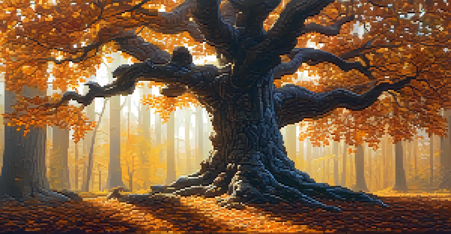 A majestic oak tree with autumn leaves in a colorful forest, sunlight filtering through the branches onto the leaf-covered ground.