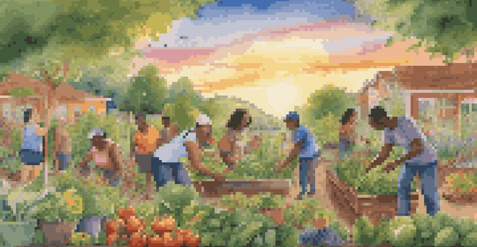 A colorful mural showing a diverse group of people in a community garden with flowers and vegetables, under a warm sunset.