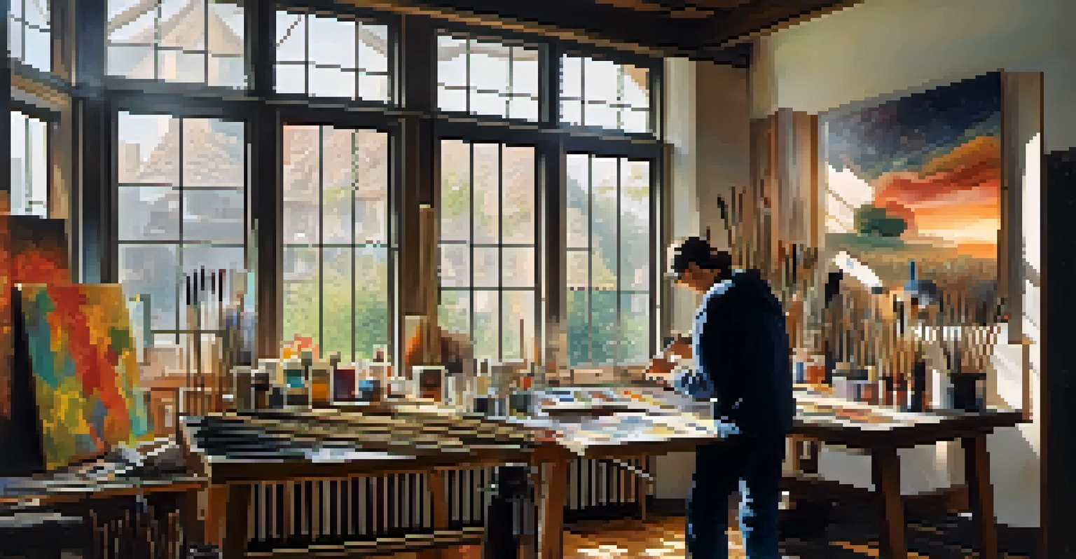 An artist's workshop with a painter working on an abstract piece surrounded by cultural artworks.