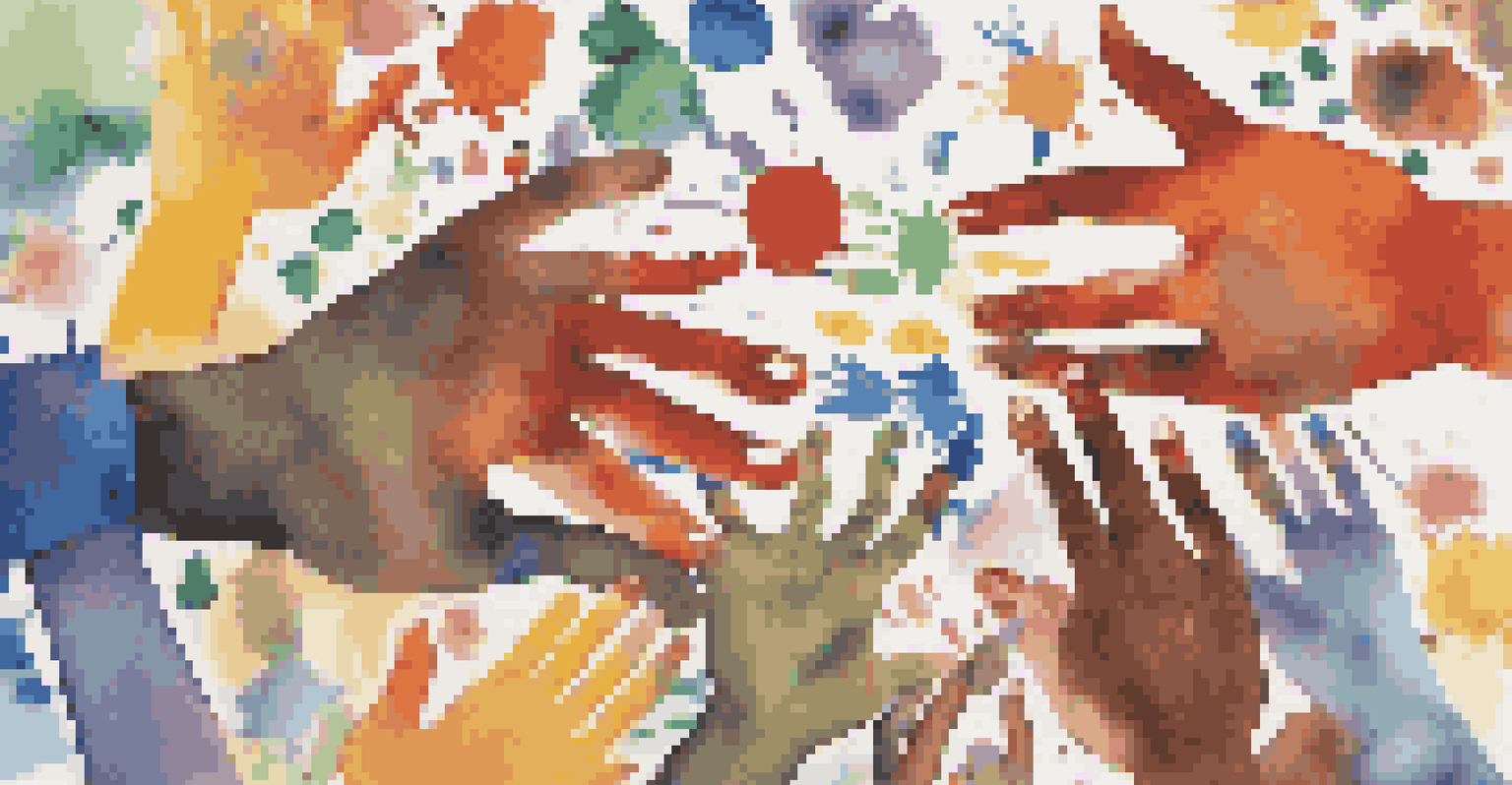 Close-up of hands painting a colorful community mural, depicting diverse cultural symbols and representing collaboration among various individuals.