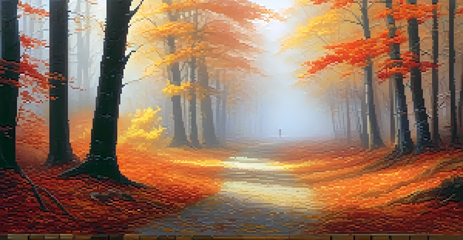 A tranquil autumn forest with colorful foliage and a misty atmosphere, featuring a winding path through the trees.