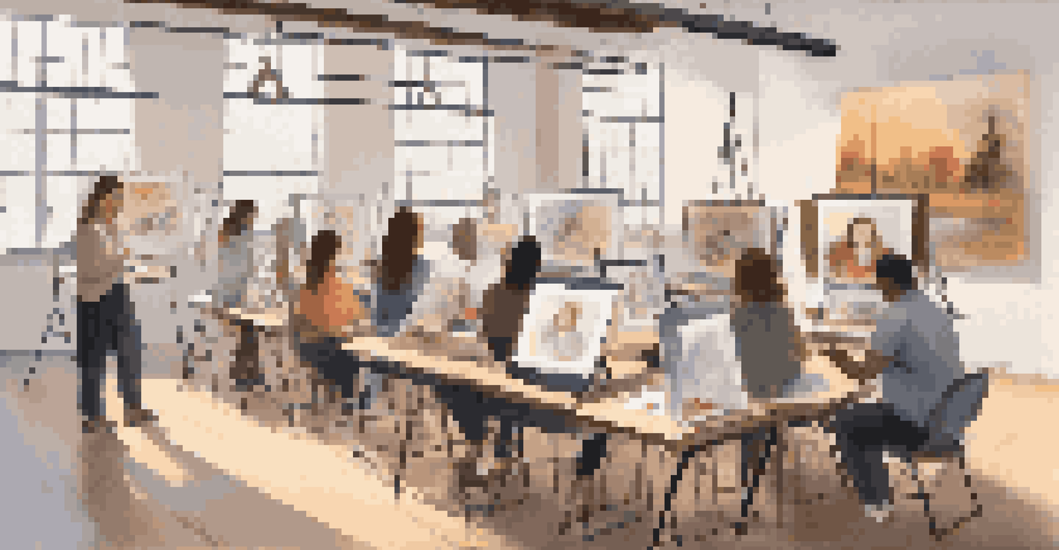 An artist conducting a virtual workshop with engaged students taking notes and practicing techniques in their own studios.