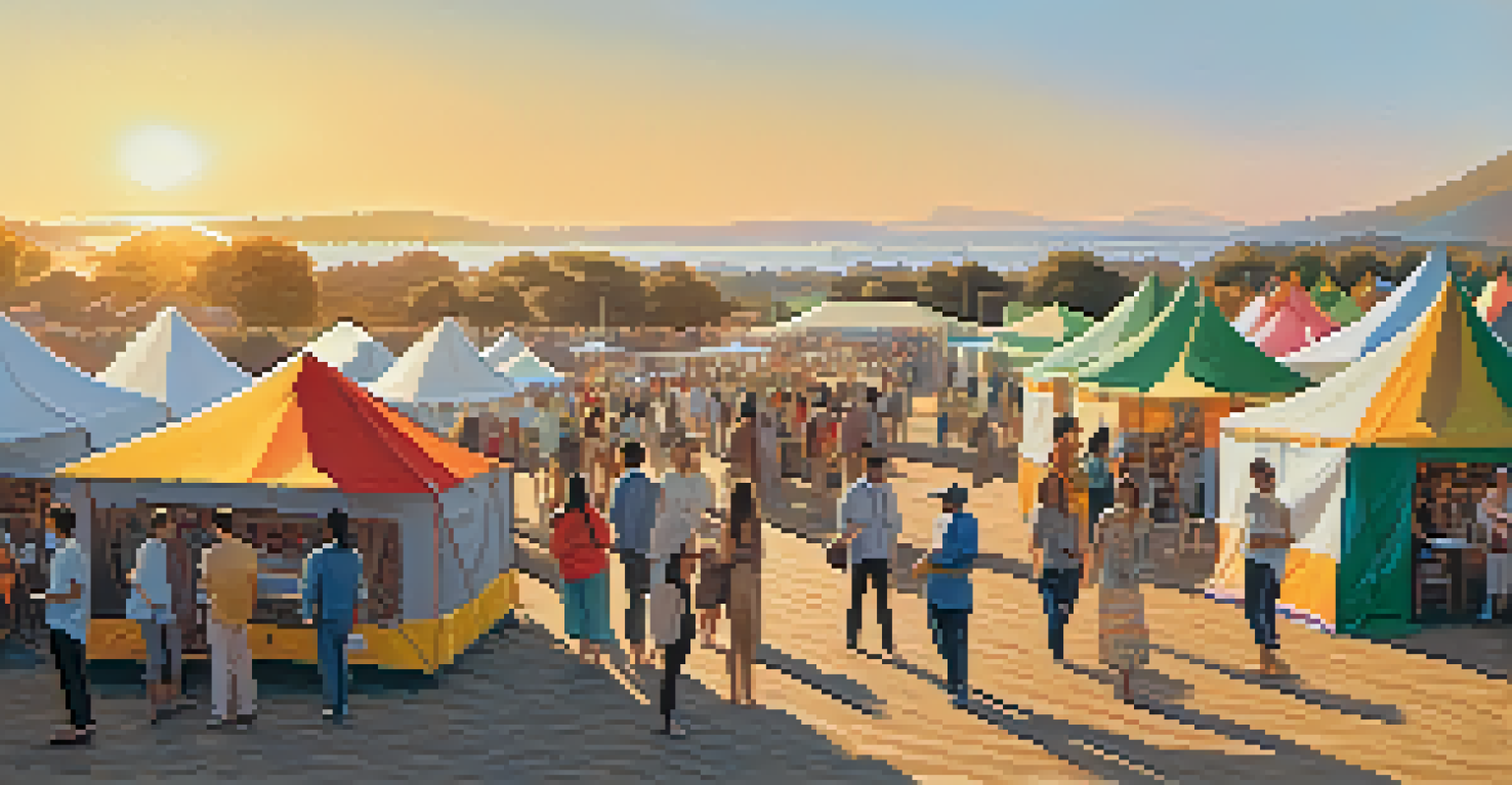 A diverse group of people at an outdoor art festival, with colorful tents and a sunset in the background.