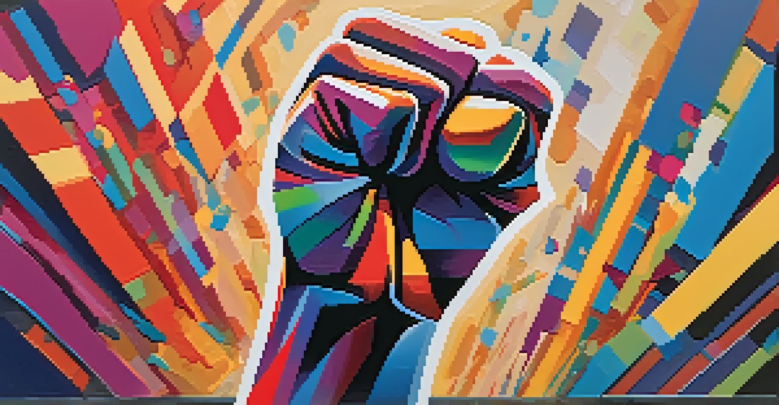 A digital artwork featuring a raised fist against an abstract colorful background, symbolizing resistance.