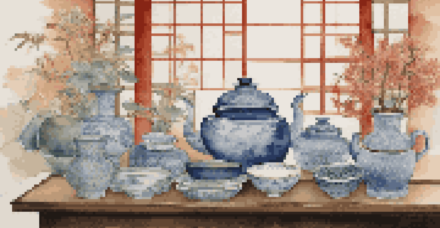 A collection of traditional Japanese ceramics including a tea set and vases, with intricate designs and vibrant colors, illuminated by soft lighting.