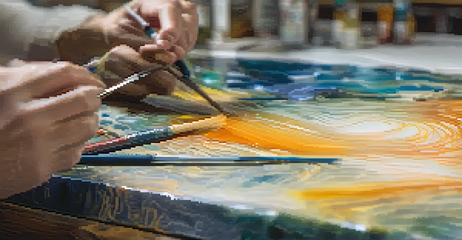 A close-up of an encaustic painting showcasing layered colorful wax with textures and mixed media elements, illuminated by soft lighting.