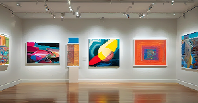 A digital art gallery filled with colorful abstract artworks and people interacting with the pieces.