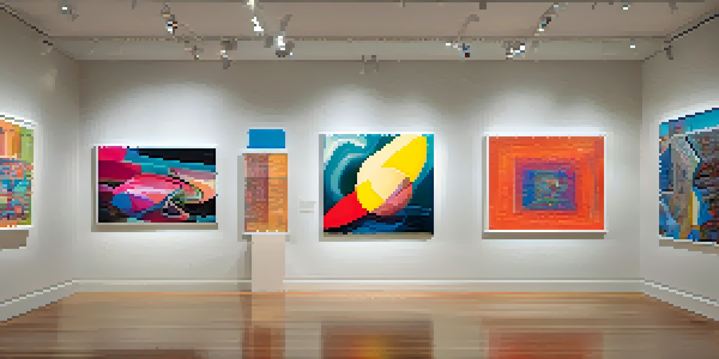 A digital art gallery filled with colorful abstract artworks and people interacting with the pieces.