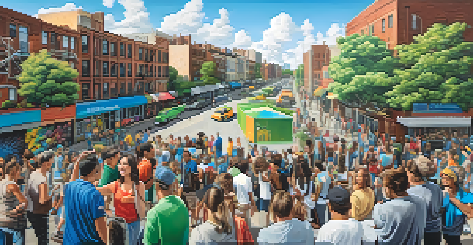 A panoramic view of a vibrant urban space filled with large murals and community members engaging with the art.