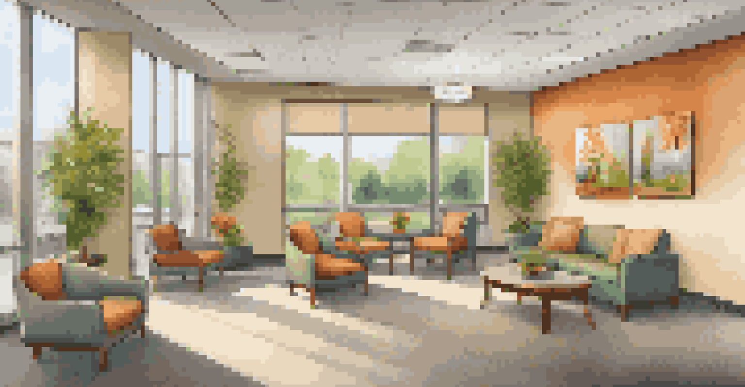 A bright and welcoming healthcare waiting area with colorful artwork and comfortable seating.