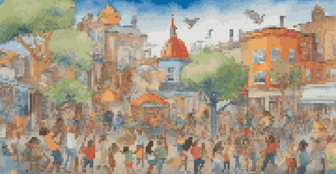 A group of diverse artists collaborating on a colorful mural outdoors, surrounded by laughter and creativity.